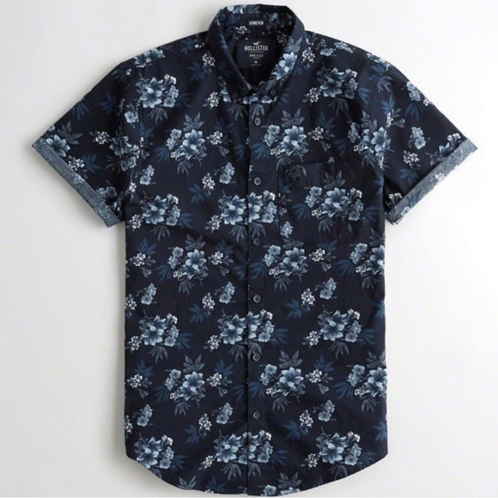 Hollister Men's Dark Blue Floral Button-Down Shirt